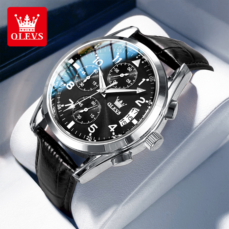 Leather Watch Band Men - OLEVS jam tangan Quartz pria, arloji